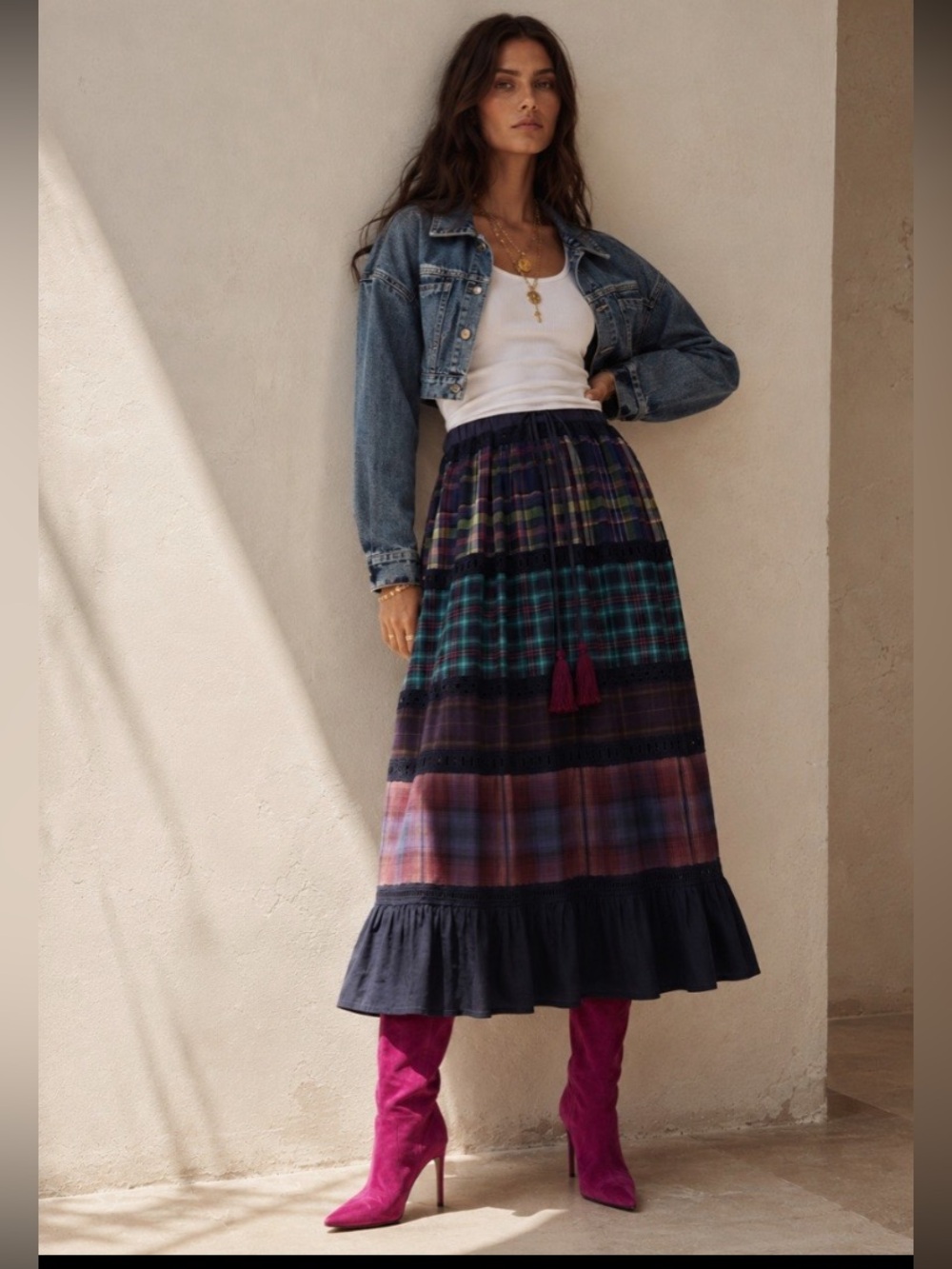 Hand Crafted Plaid Tiered Maxi Skirt in Teal, Navy & Plum